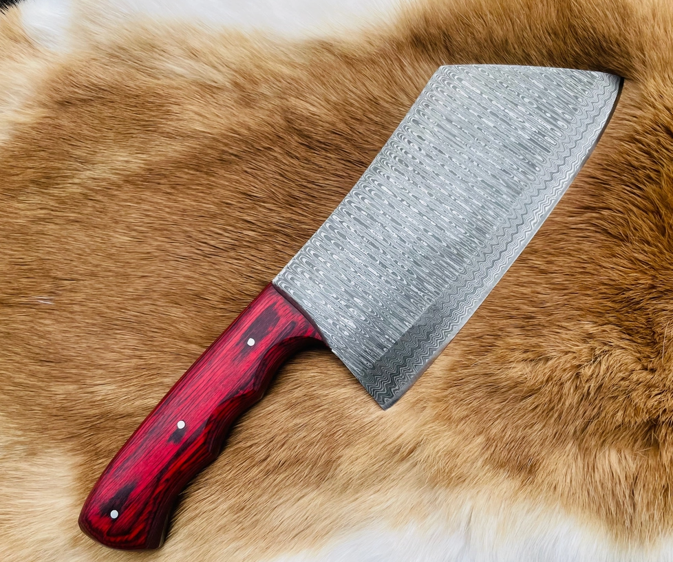 Damascus Steel Cleaver Chef's Knife — Red Rosewood Wood Handle