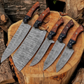 Custom Handmade Damascus Steel Chef Knife Set — 5 Piece BBQ & Kitchen Collection