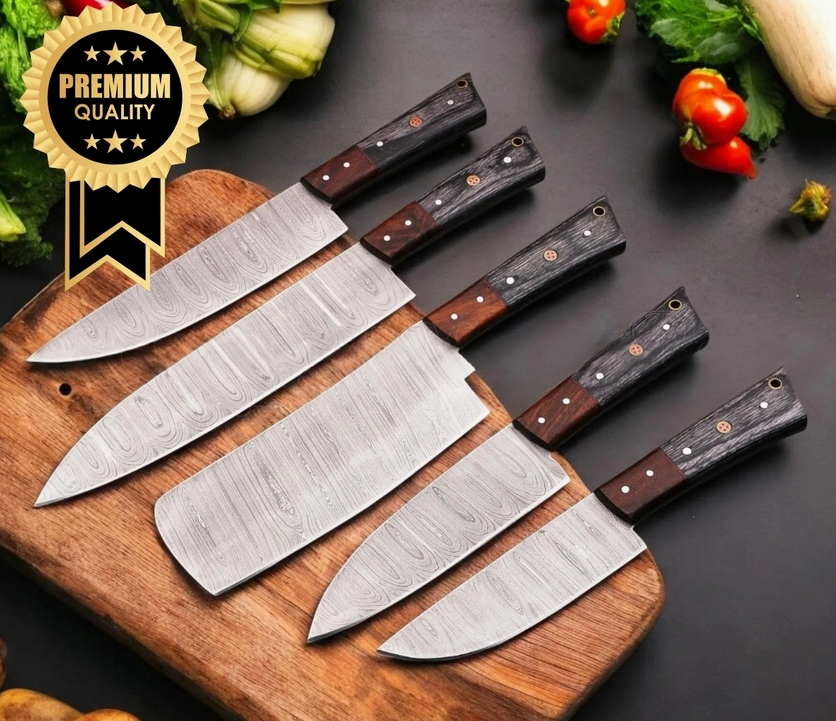 5 Piece Handmade Kitchen Knife Set with Leather Sheath