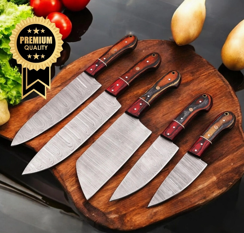 5-Piece Handmade Damascus Steel Chef Knife Set — Full Tang, Rosewood Handles