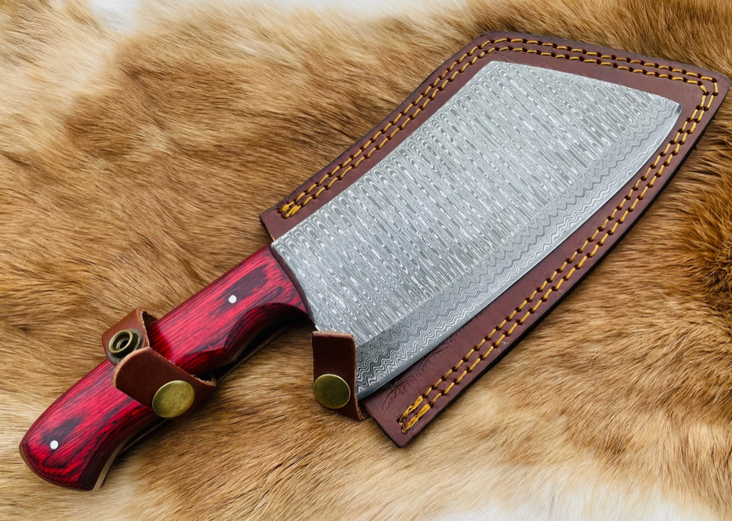 Damascus Steel Cleaver Chef's Knife — Red Rosewood Wood Handle