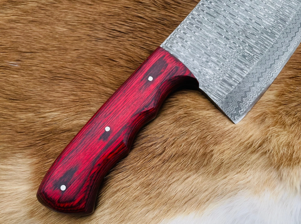 Damascus Steel Cleaver Chef's Knife — Red Rosewood Wood Handle