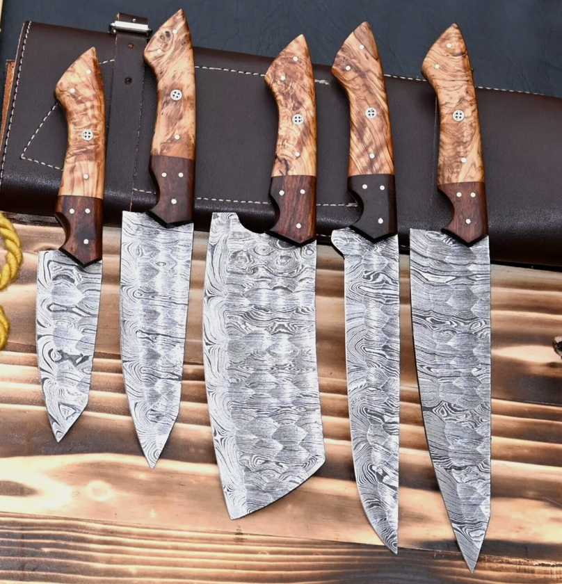 Damascus Steel Chef Set — Hand Forged 5-Piece BBQ & Kitchen Knife Collection