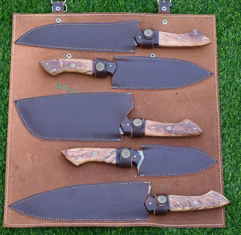 Damascus Steel Chef Set — Hand Forged 5-Piece BBQ & Kitchen Knife Collection