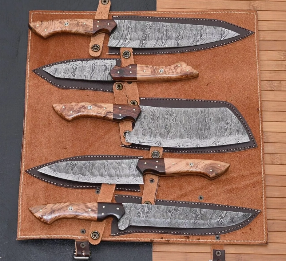 Damascus Steel Chef Set — Hand Forged 5-Piece BBQ & Kitchen Knife Collection