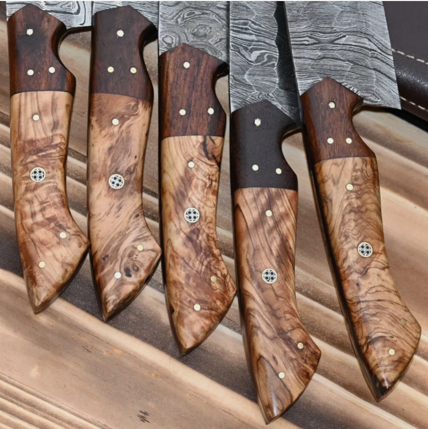 Damascus Steel Chef Set — Hand Forged 5-Piece BBQ & Kitchen Knife Collection