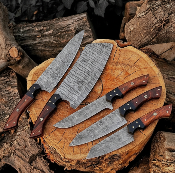 Custom Handmade Damascus Steel Chef Knife Set — 5 Piece BBQ & Kitchen Collection