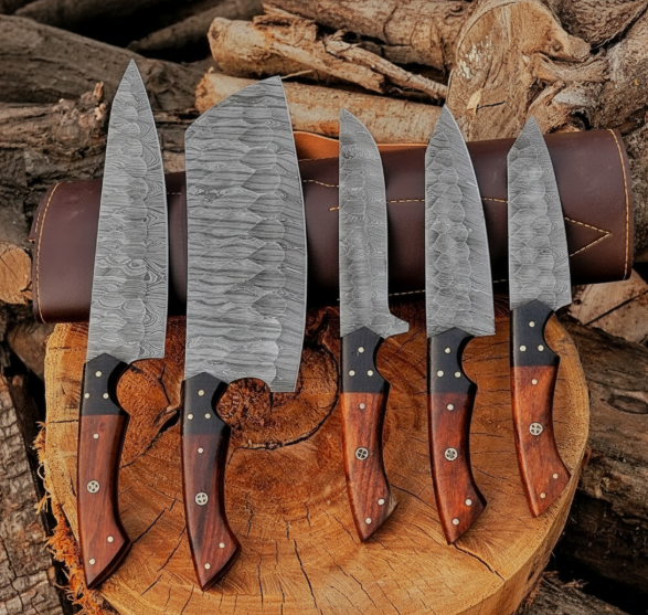 Custom Handmade Damascus Steel Chef Knife Set — 5 Piece BBQ & Kitchen Collection