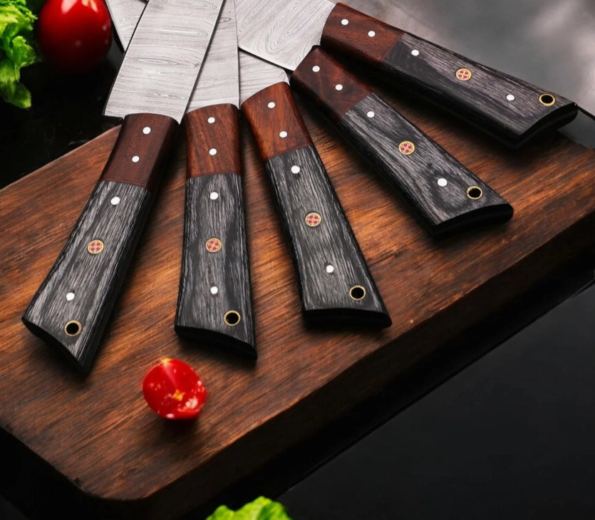 5 Piece Handmade Kitchen Knife Set with Leather Sheath