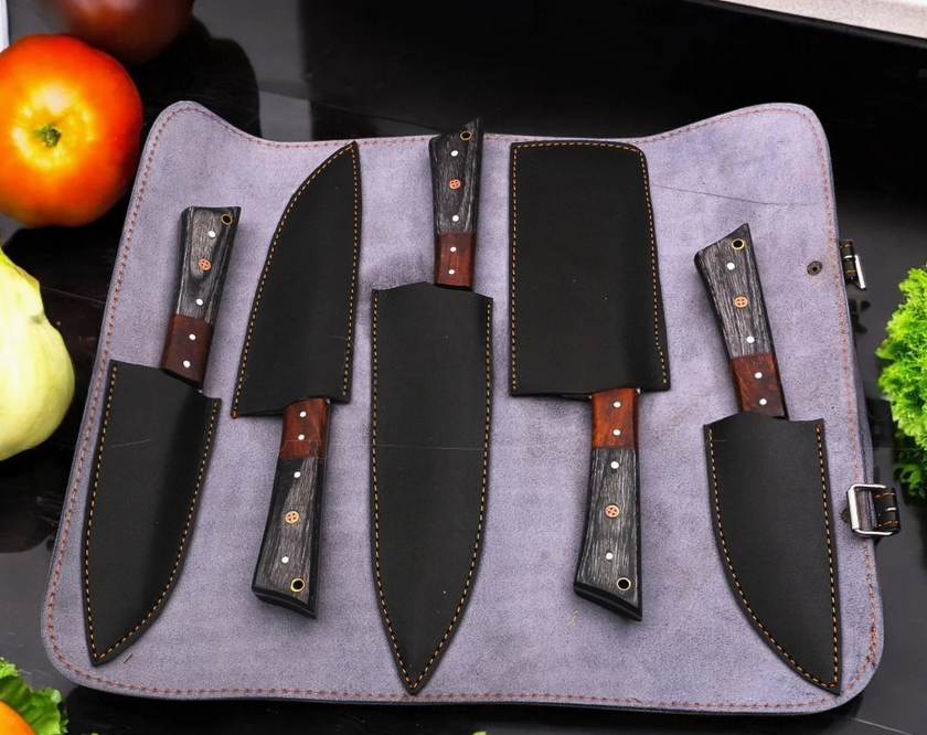 5 Piece Handmade Kitchen Knife Set with Leather Sheath