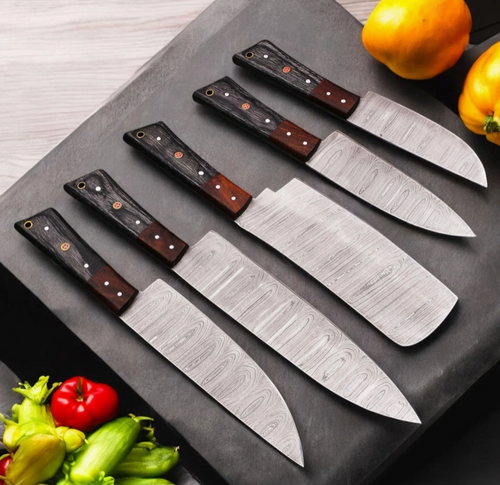 5 Piece Handmade Kitchen Knife Set with Leather Sheath