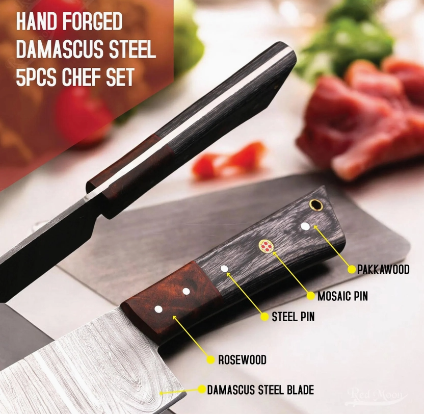5 Piece Handmade Kitchen Knife Set with Leather Sheath
