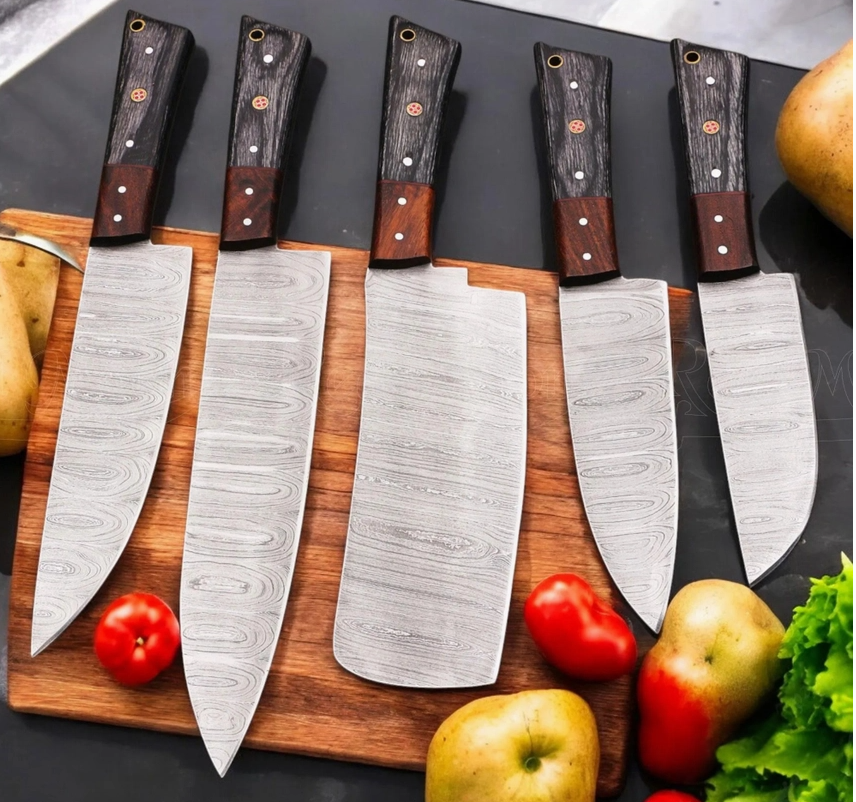 5 Piece Handmade Kitchen Knife Set with Leather Sheath
