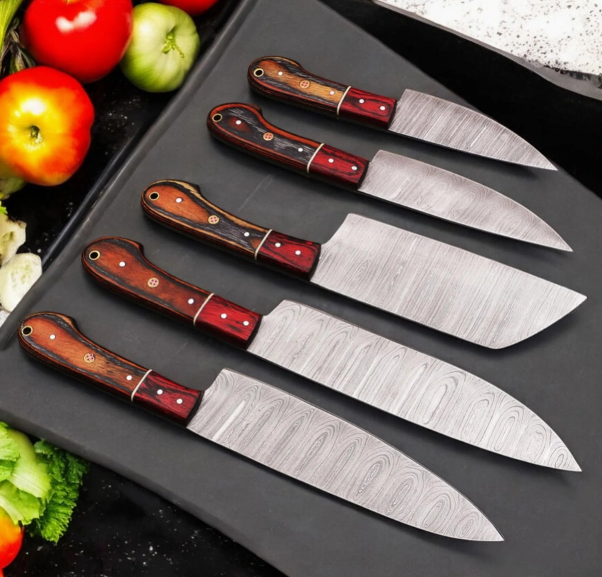 5-Piece Handmade Damascus Steel Chef Knife Set — Full Tang, Rosewood Handles