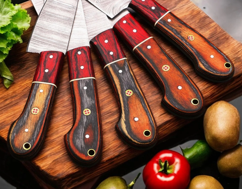 5-Piece Handmade Damascus Steel Chef Knife Set — Full Tang, Rosewood Handles