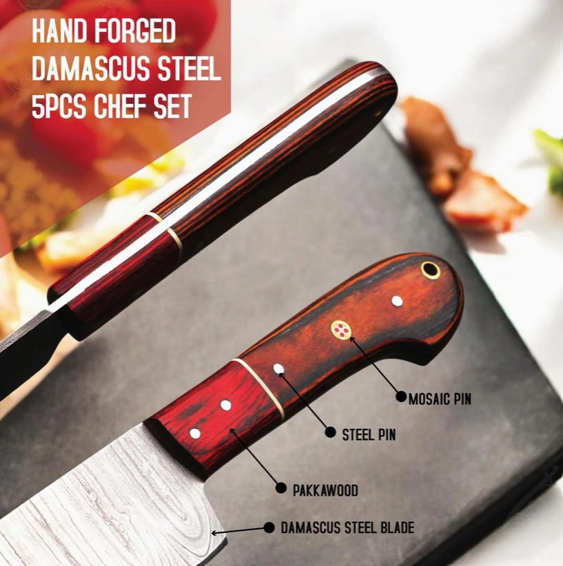 5-Piece Handmade Damascus Steel Chef Knife Set — Full Tang, Rosewood Handles