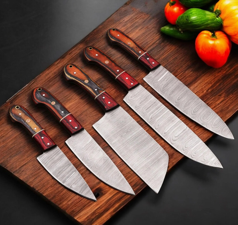 5-Piece Handmade Damascus Steel Chef Knife Set — Full Tang, Rosewood Handles