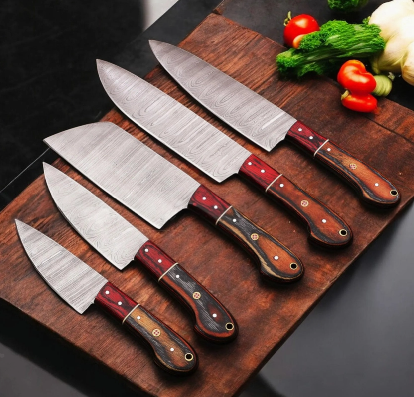 5-Piece Handmade Damascus Steel Chef Knife Set — Full Tang, Rosewood Handles
