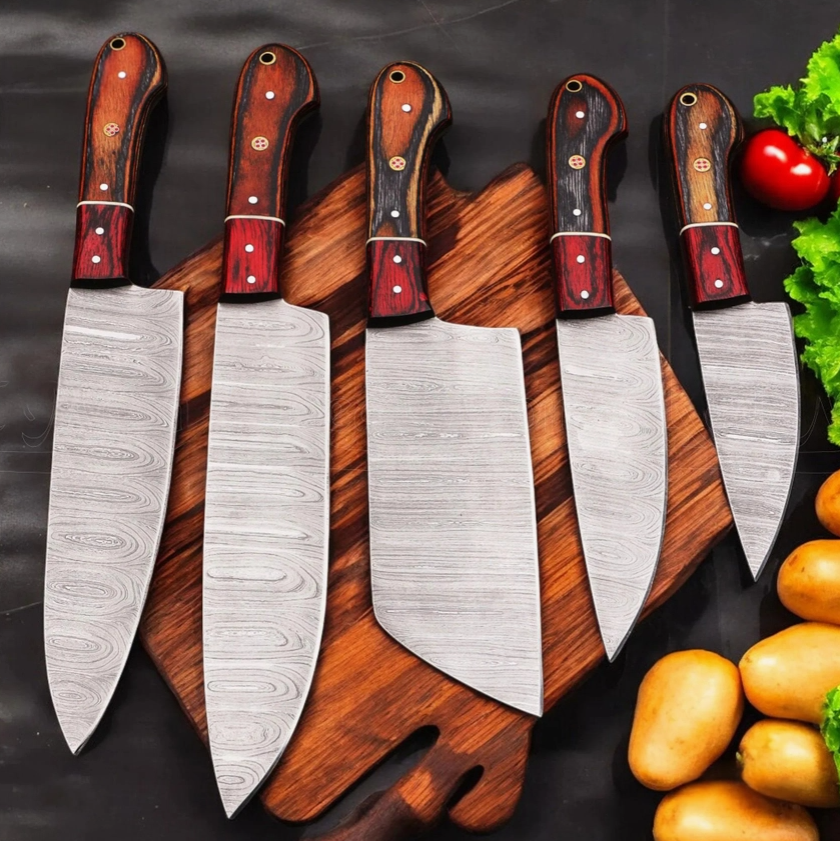 5-Piece Handmade Damascus Steel Chef Knife Set — Full Tang, Rosewood Handles