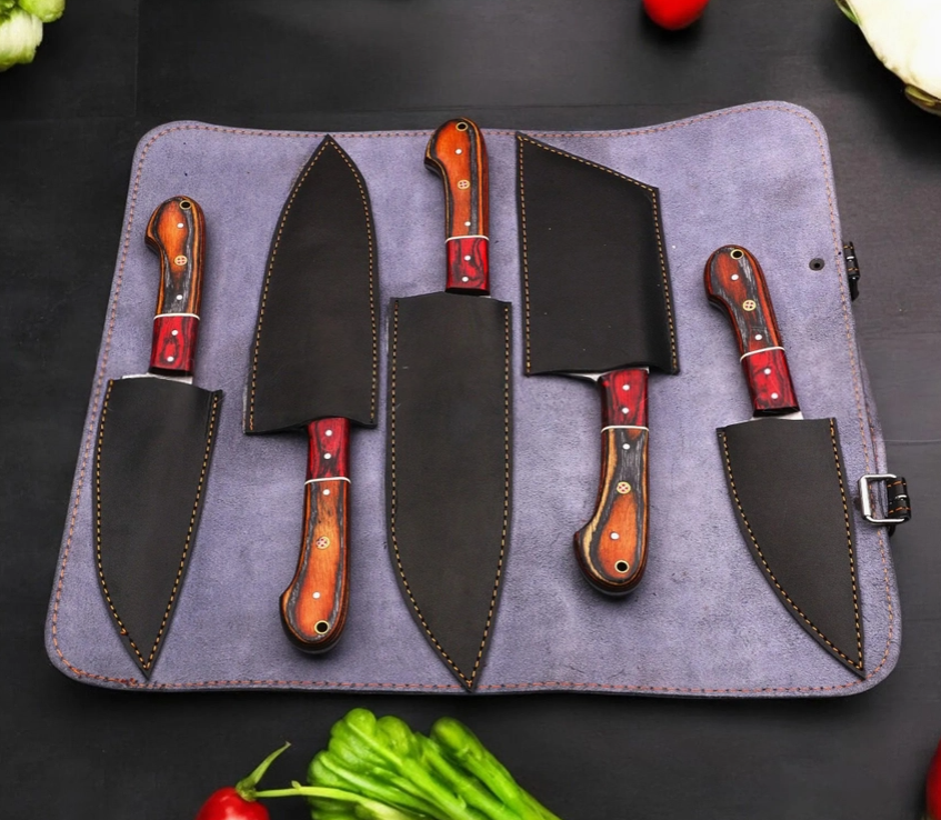 5-Piece Handmade Damascus Steel Chef Knife Set — Full Tang, Rosewood Handles
